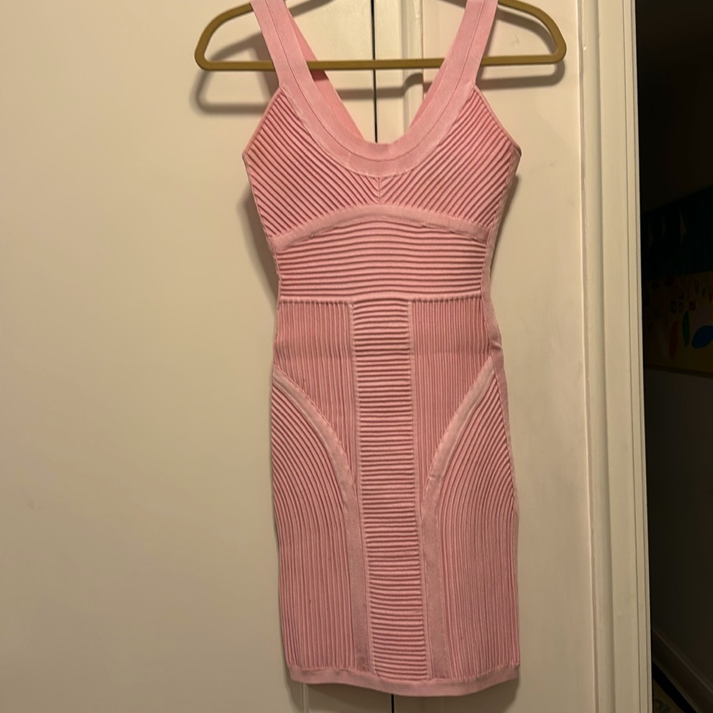 Herve Leger Pink Ribbed Bodycon Mini Dress